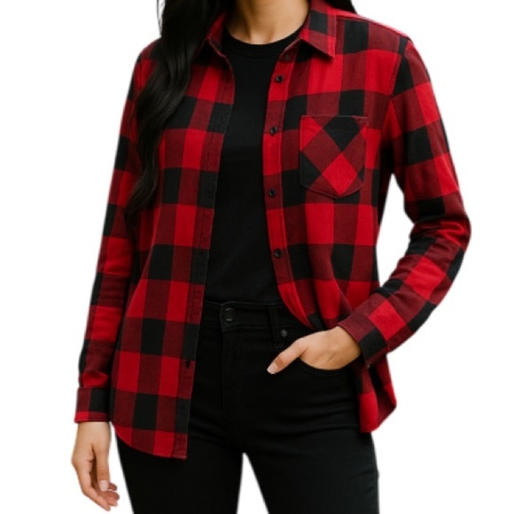 Garage Boyfriend Fit Flannel Shirt Red Black Buffalo Plaid Long Sleeve Size M - Picture 1 of 12
